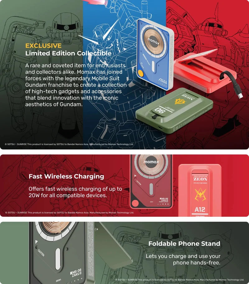 [Mobile Suit Gundam - Limited Edition] Momax IP131 5000mAh 1-Power X Pro Magnetic Wireless Power Bank with Built-In USB-C Cable