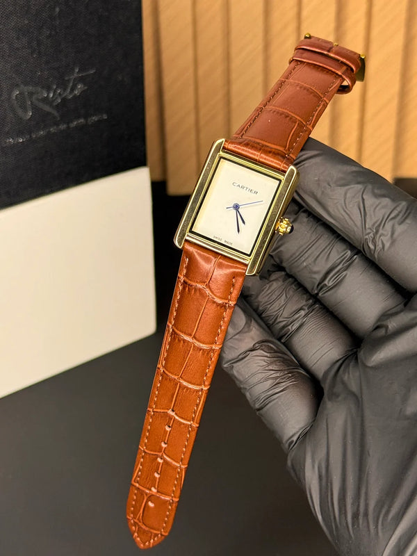 Cartier Tank Plain Dial Watch - Golden case leather Straps Brown white Dial