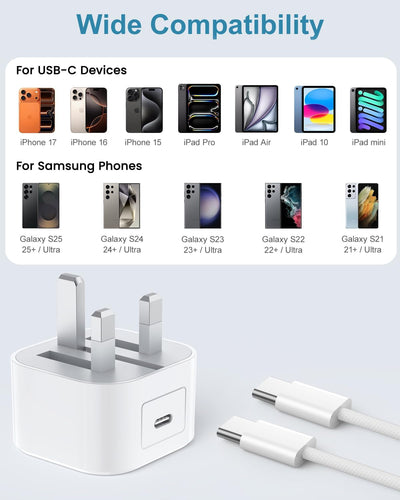Official Apple iPhone 15/16/17 Fast Charger – 20W USB-C Power Adapter + 1M Woven USB-C Cable