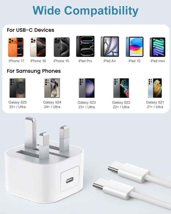 Official Apple iPhone 15/16/17 Fast Charger – 20W USB-C Power Adapter + 1M Woven USB-C Cable