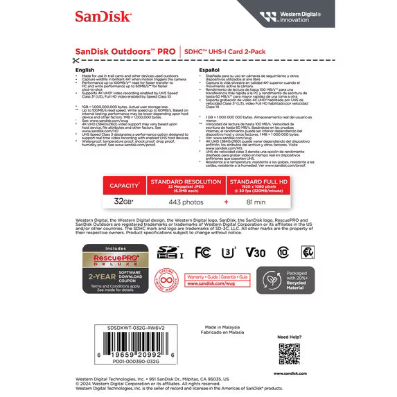 SanDisk 32GB Outdoors Pro Memory Card, 2 Pack, SD 4K UHS-I, U3 Card - SDSDXWT-032G-AW6V2