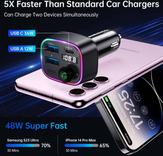 Syncwire Bluetooth 5.3 FM Transmitter 48W Car Adapter, Fast Charging USB-C & USB-A, Hands-Free Calling & Music Streaming, Black