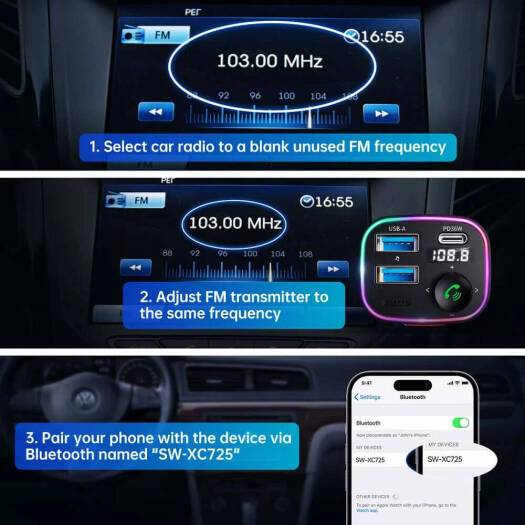 Syncwire Bluetooth 5.3 FM Transmitter 48W Car Adapter, Fast Charging USB-C & USB-A, Hands-Free Calling & Music Streaming, Black
