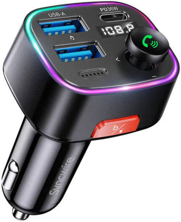 Syncwire Bluetooth 5.3 FM Transmitter 48W Car Adapter, Fast Charging USB-C & USB-A, Hands-Free Calling & Music Streaming, Black