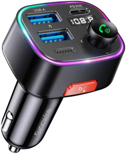 Syncwire Bluetooth 5.3 FM Transmitter 48W Car Adapter, Fast Charging USB-C & USB-A, Hands-Free Calling & Music Streaming, Black