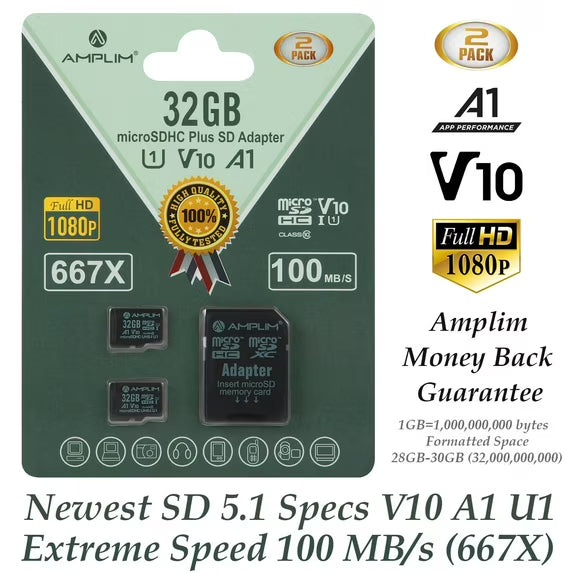 Amplim 32GB MicroSD Card, 2 Pack Micro SD Memory Plus Adapter, MicroSDHC Class 10 UHS-I U1 V10 TF