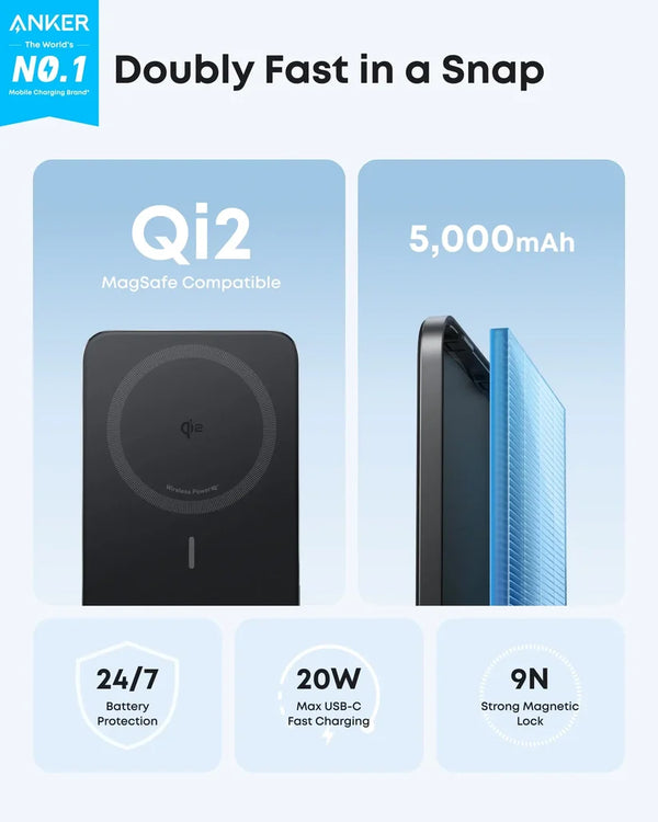 Anker MagGo Nano Ultra-Slim 5000mAh Qi2 Certified 15W Power Bank A1665