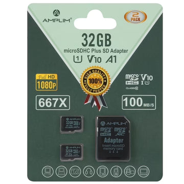 Amplim 32GB MicroSD Card, 2 Pack Micro SD Memory Plus Adapter, MicroSDHC Class 10 UHS-I U1 V10 TF