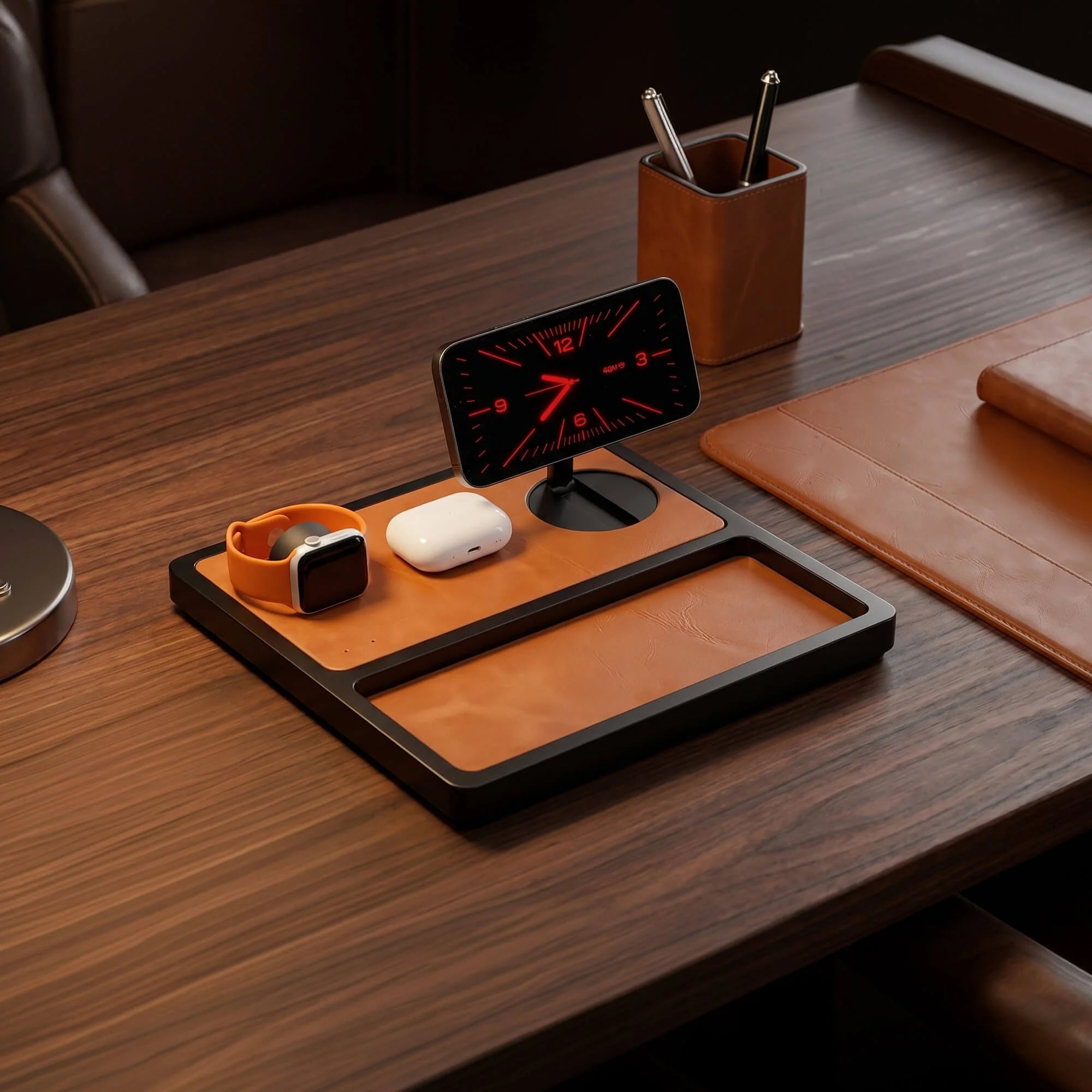 TRIO TRAY Qi2 - 3-in-1 MagSafe Saddle Brown on Black Wireless Charger with Tray, Lift-Up Coil & Apple Watch Charger