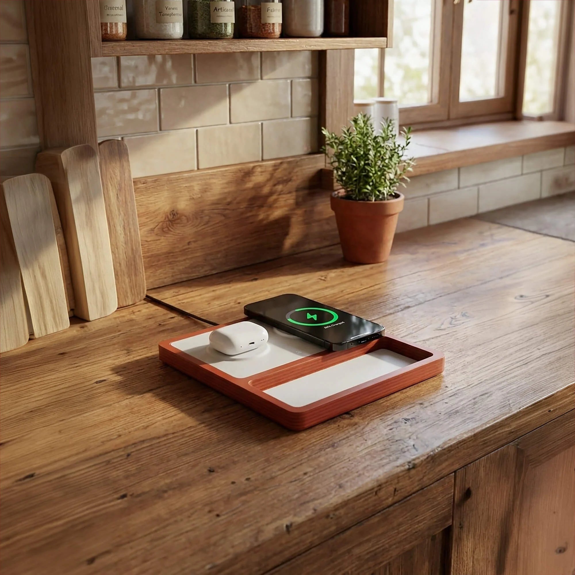 DUO TRAY White - 2-in-1 MagSafe Oak Wireless Charger with USB-C and A Ports Support