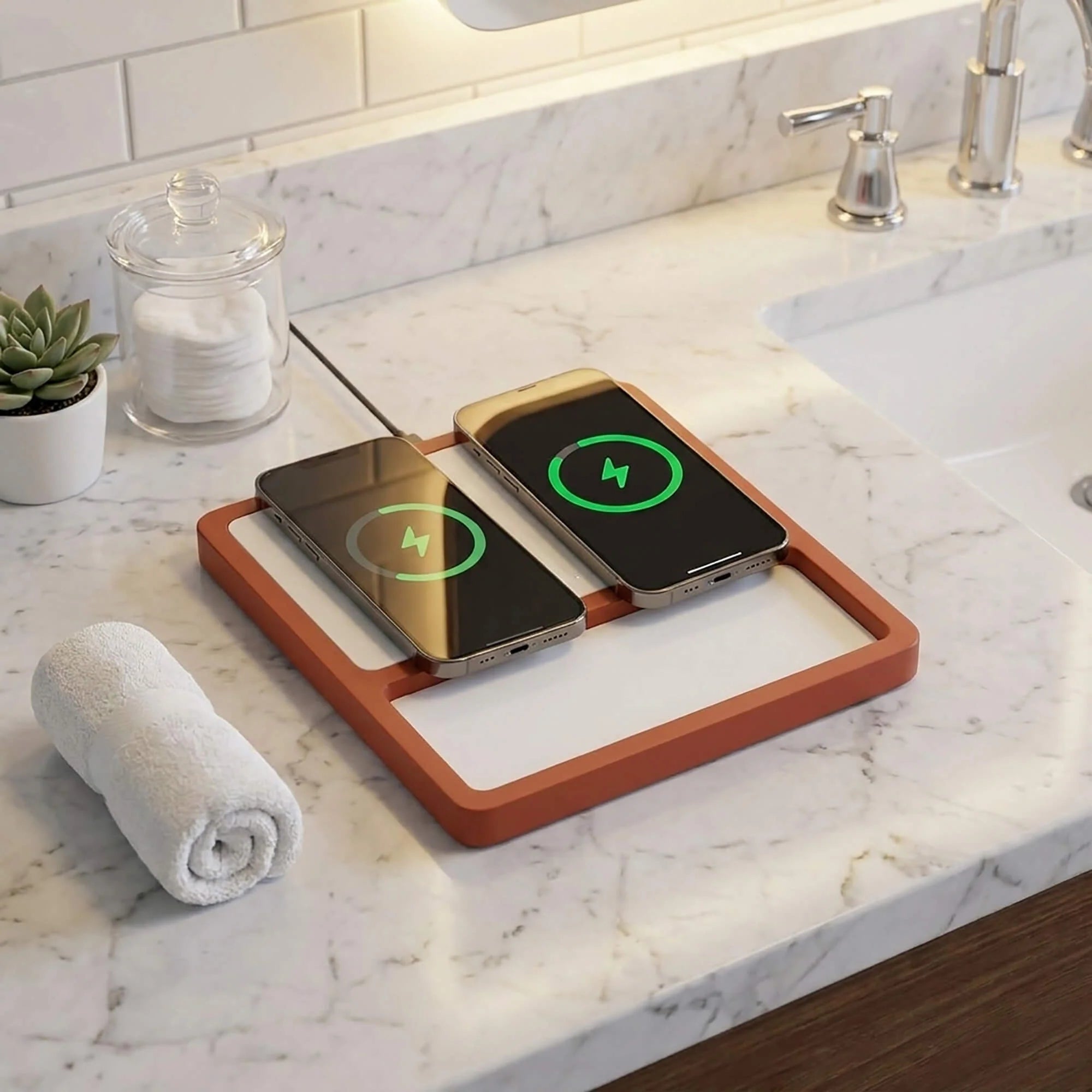 DUO TRAY White - 2-in-1 MagSafe Oak Wireless Charger with USB-C and A Ports Support