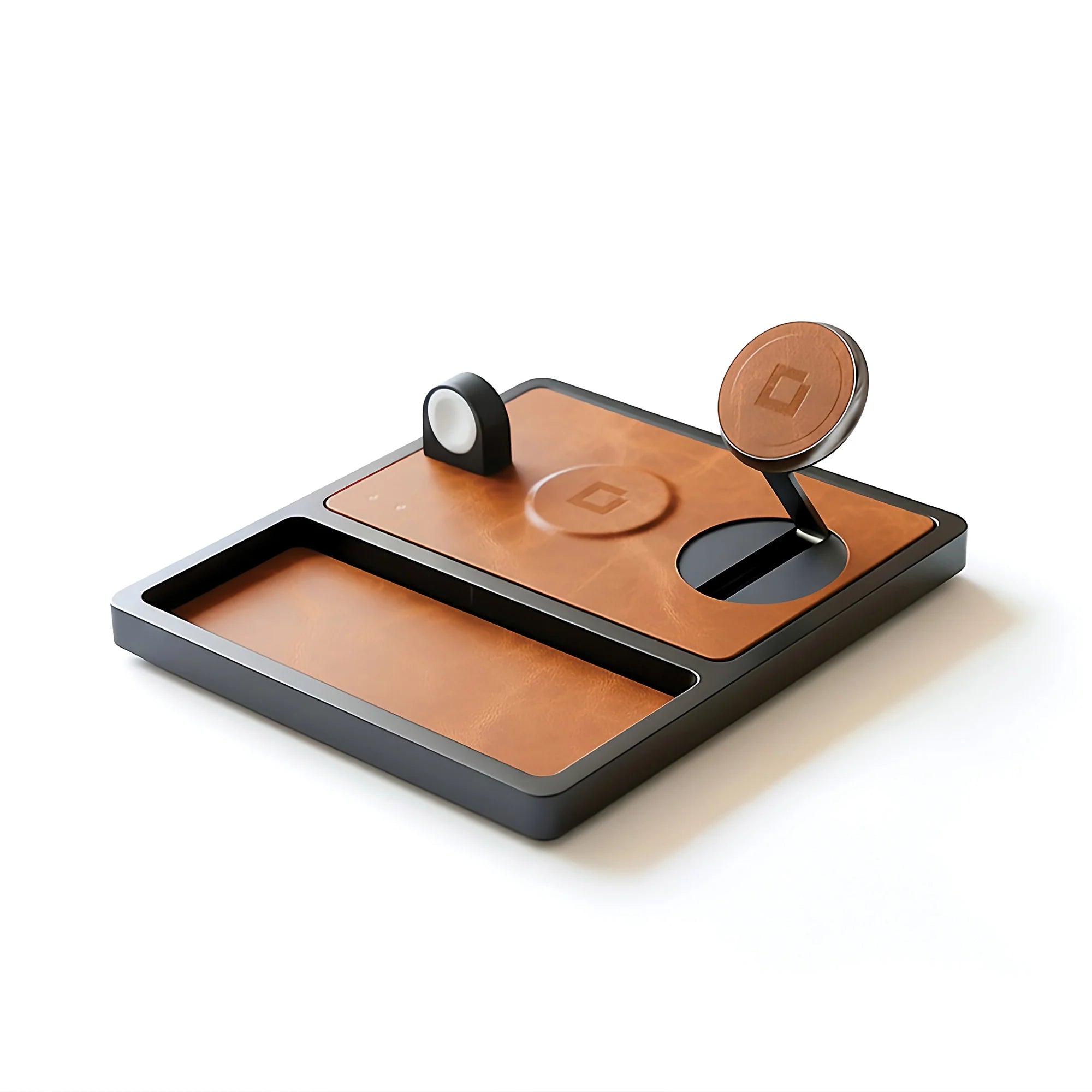 TRIO TRAY Qi2 - 3-in-1 MagSafe Saddle Brown on Black Wireless Charger with Tray, Lift-Up Coil & Apple Watch Charger