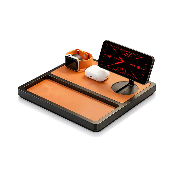 TRIO TRAY Qi2 - 3-in-1 MagSafe Saddle Brown on Black Wireless Charger with Tray, Lift-Up Coil & Apple Watch Charger
