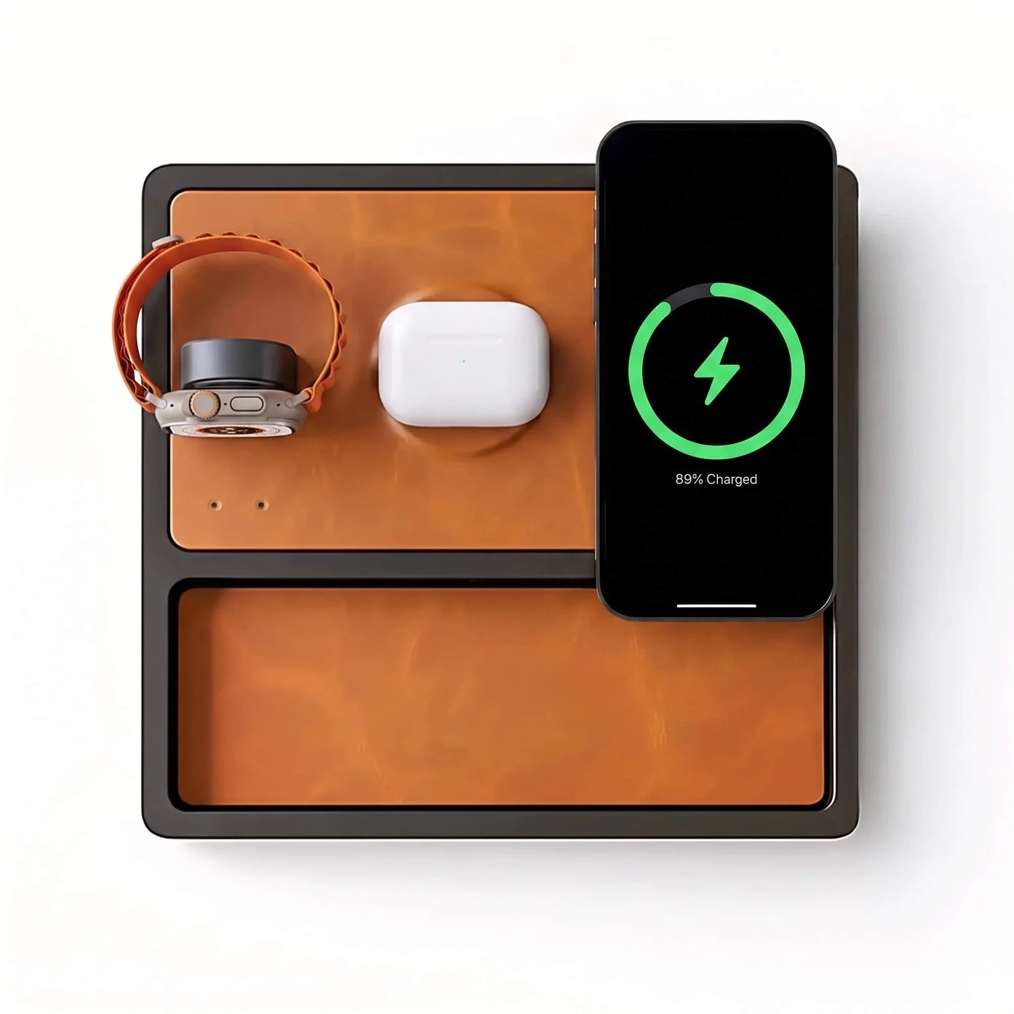 TRIO TRAY Qi2 - 3-in-1 MagSafe Saddle Brown on Black Wireless Charger with Tray, Lift-Up Coil & Apple Watch Charger