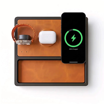 TRIO TRAY Qi2 - 3-in-1 MagSafe Saddle Brown on Black Wireless Charger with Tray, Lift-Up Coil & Apple Watch Charger