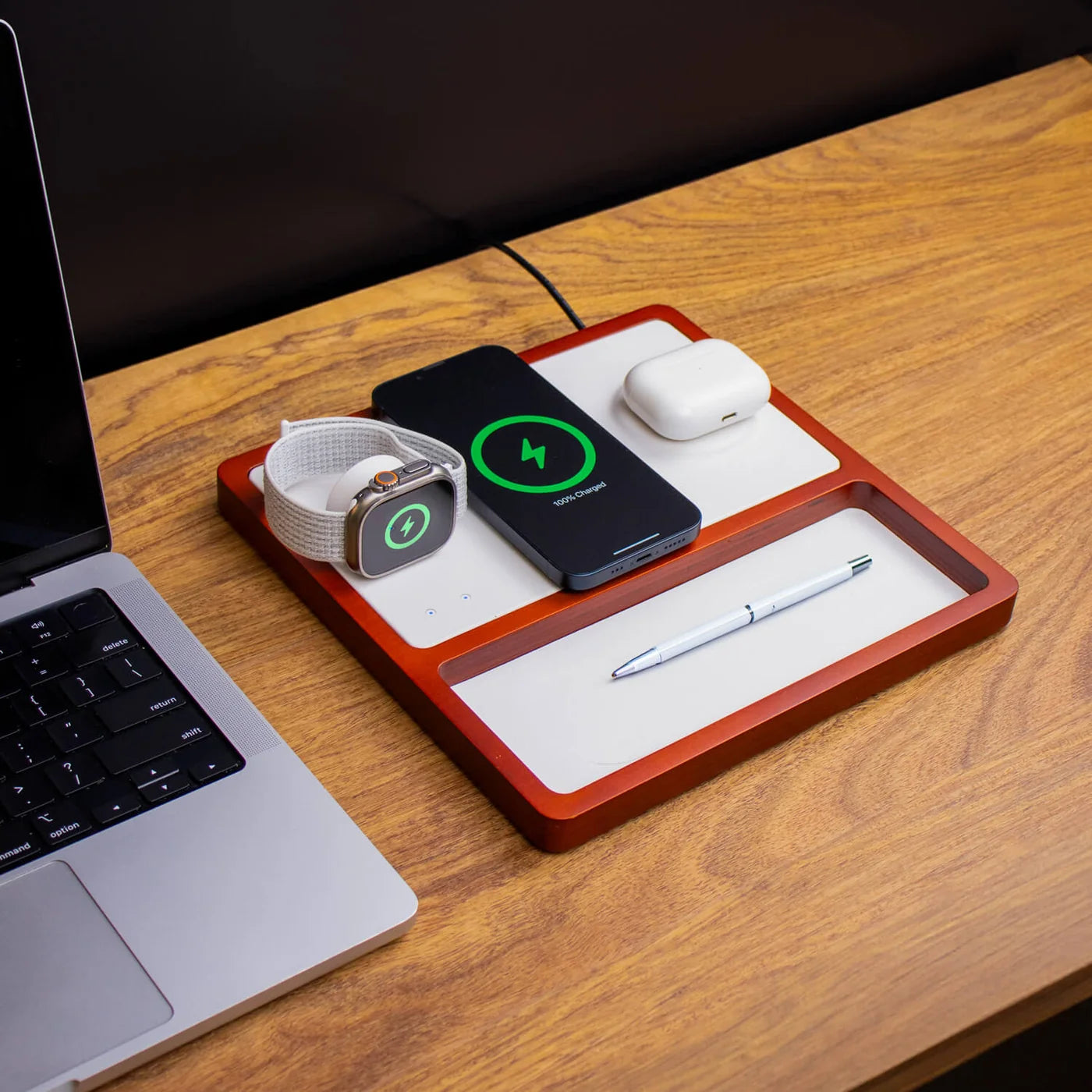 TRIO TRAY White - 3-in-1 MagSafe Oak Wireless Charger with Apple Watch Charging