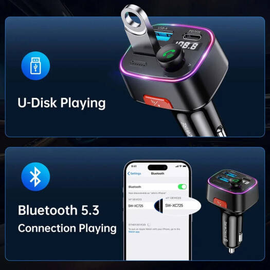 Syncwire Bluetooth 5.3 FM Transmitter 48W Car Adapter, Fast Charging USB-C & USB-A, Hands-Free Calling & Music Streaming, Black