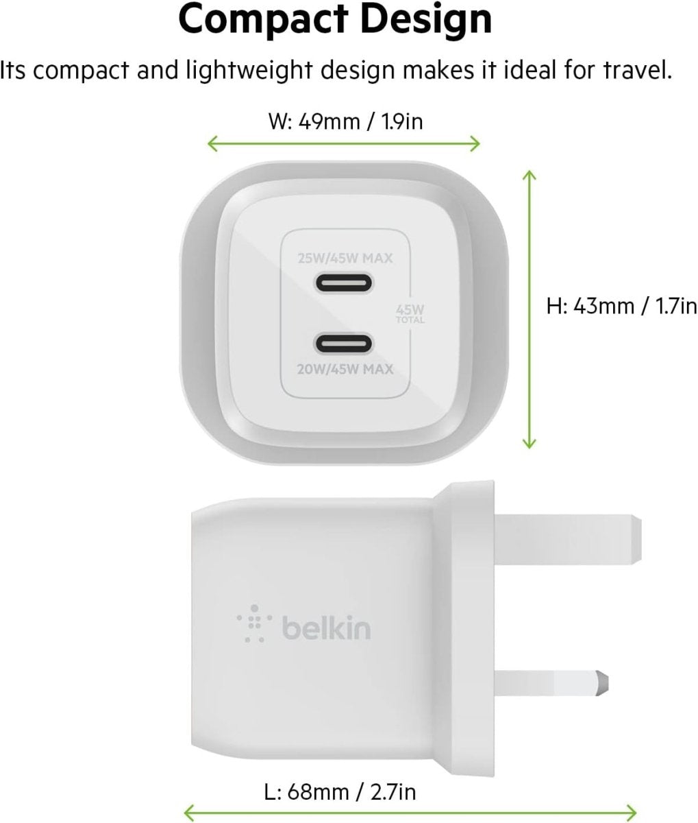 Belkin 45W Dual USB-C Wall Charger – PD 3.0 Fast Charging Adapter