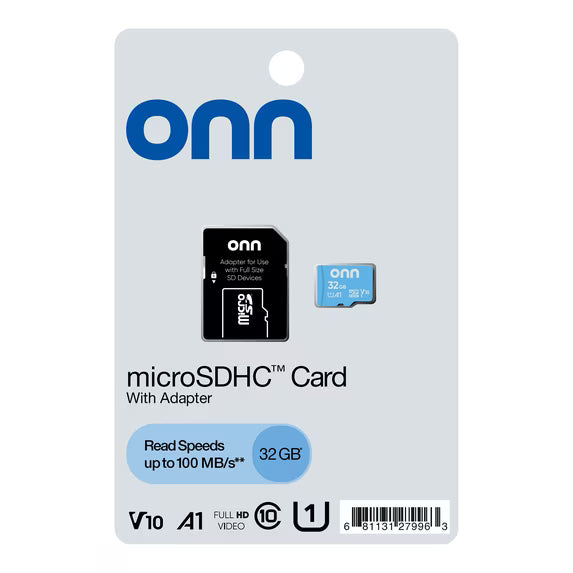 onn 32GB C10 U1 V10 A1 microSDHC Flash Memory Card with Adapter, for Phones, Tablets & Drones