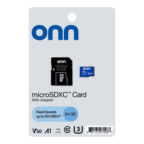 onn 64GB C10 U3 V30 A1 microSDXC Flash Memory Card with Adapter, for Phones, Tablets & Drones