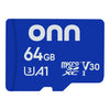 onn 64GB C10 U3 V30 A1 microSDXC Flash Memory Card with Adapter, for Phones, Tablets & Drones