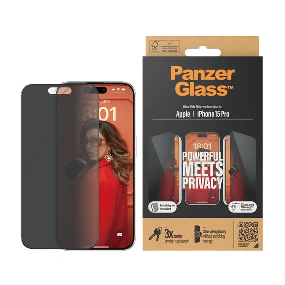 Panzer Glass® Privacy Screen Protector iPhone 15 Pro | Ultra-Wide Fit w. Easy Aligner