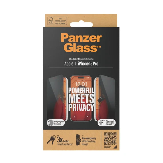 Panzer Glass® Privacy Screen Protector iPhone 15 Pro | Ultra-Wide Fit w. Easy Aligner