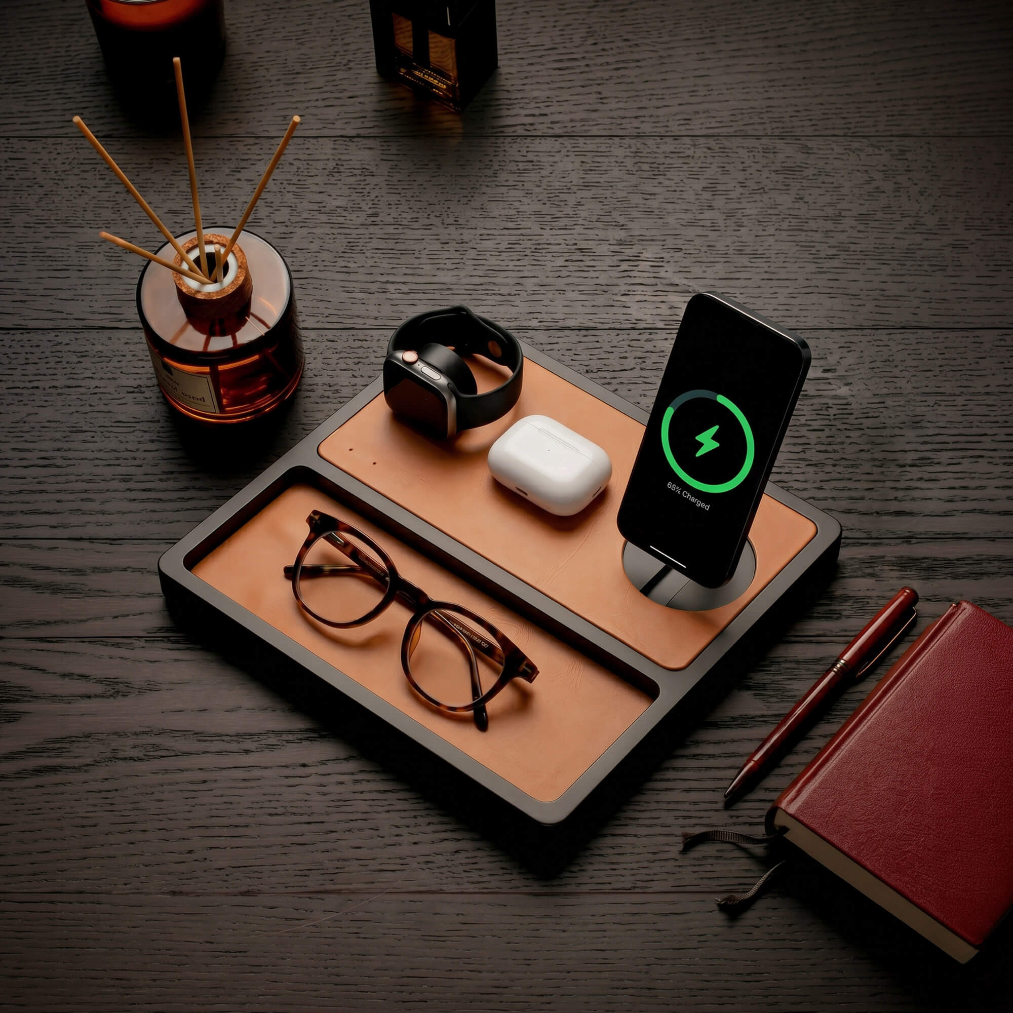 TRIO TRAY Qi2 - 3-in-1 MagSafe Saddle Brown on Black Wireless Charger with Tray, Lift-Up Coil & Apple Watch Charger