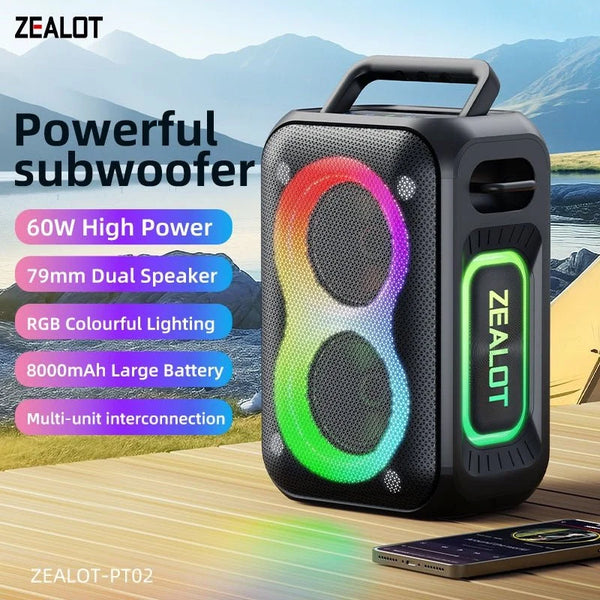 Zealot PT02 Portable Bluetooth Speaker – 60W High Power, RGB Colourful Lights, Outdoor Stereo