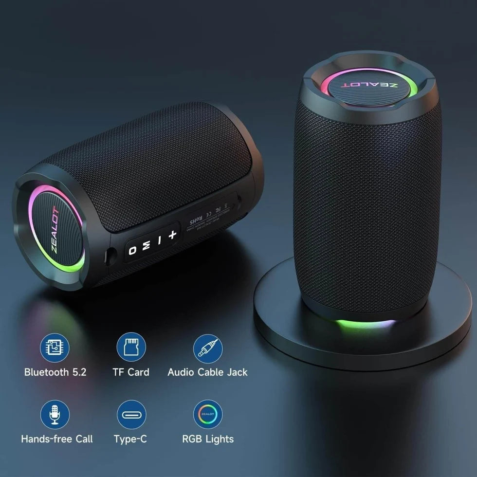 ZEALOT S49 Waterproof Bluetooth Speaker – RGB Lights, 360° Stereo Sound, Wireless